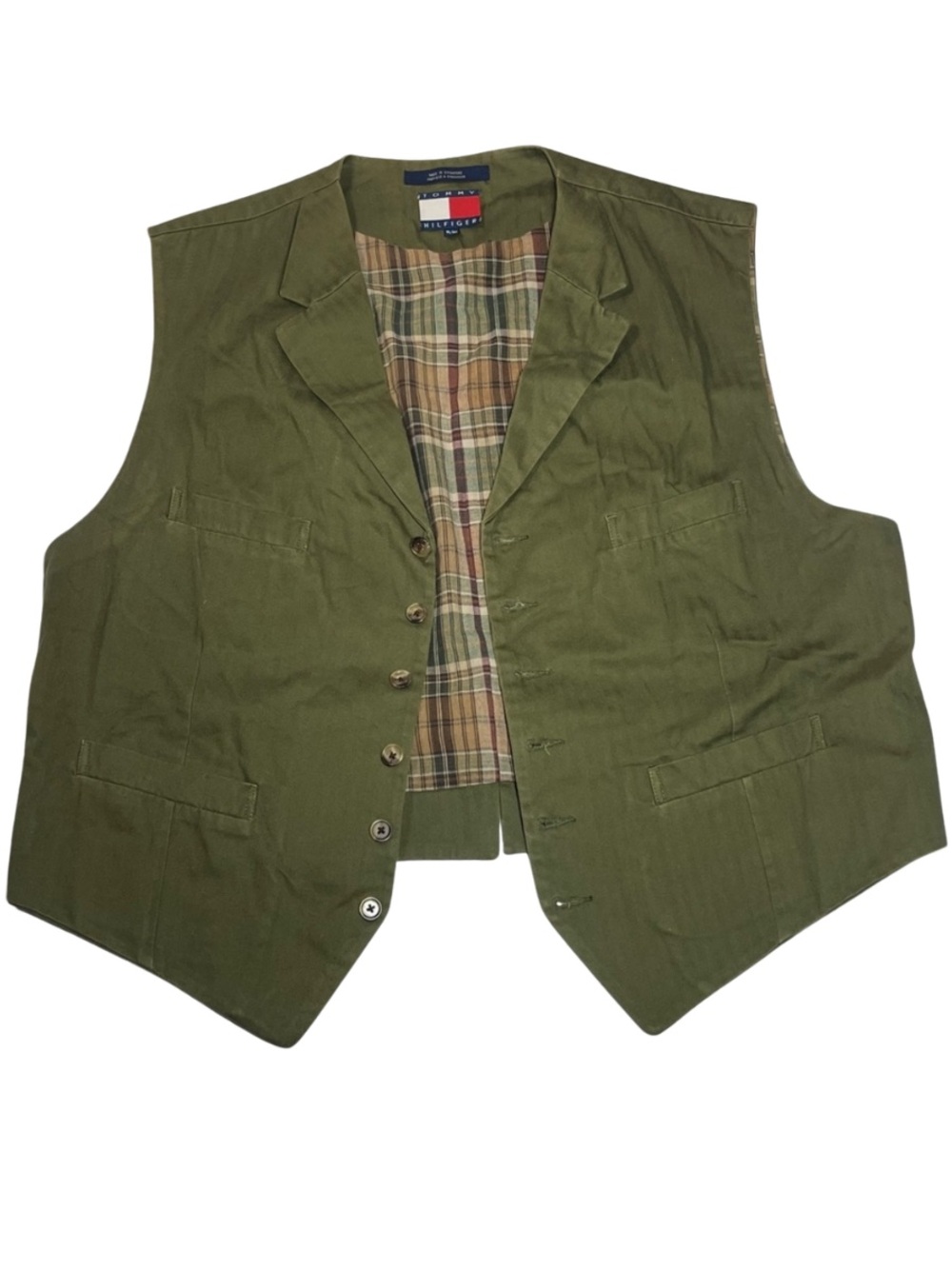 Vtg Tommy Hilfiger Mens XL 100% Cotton Vest Olive Green Plaid Striped Button Y2K